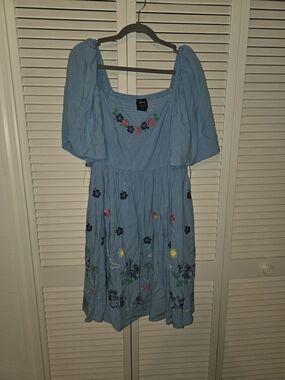 Boxlunch Lilo and Stitch Light Blue Embroidered Puff-Sleeve Sundress